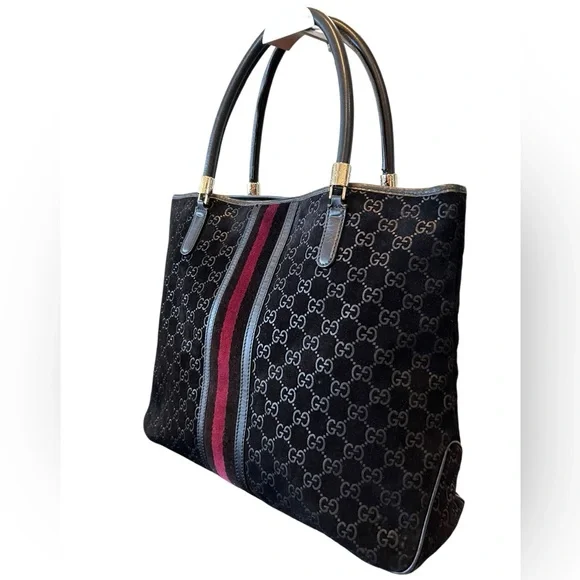 Gucci Black GG Canvas Tote with Burgundy Center Stripe - Picture 8 of 15